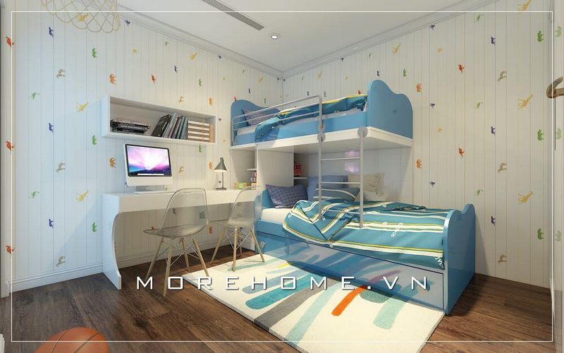 .

Giường ngủ trẻ em Acrylic công nghiệp tráng gương với gam màu xanh nhẹ nhàng và lối thiết kế cách điệu đã tạo ra một điểm nhấn cuốn hút cho cả căn phòng.